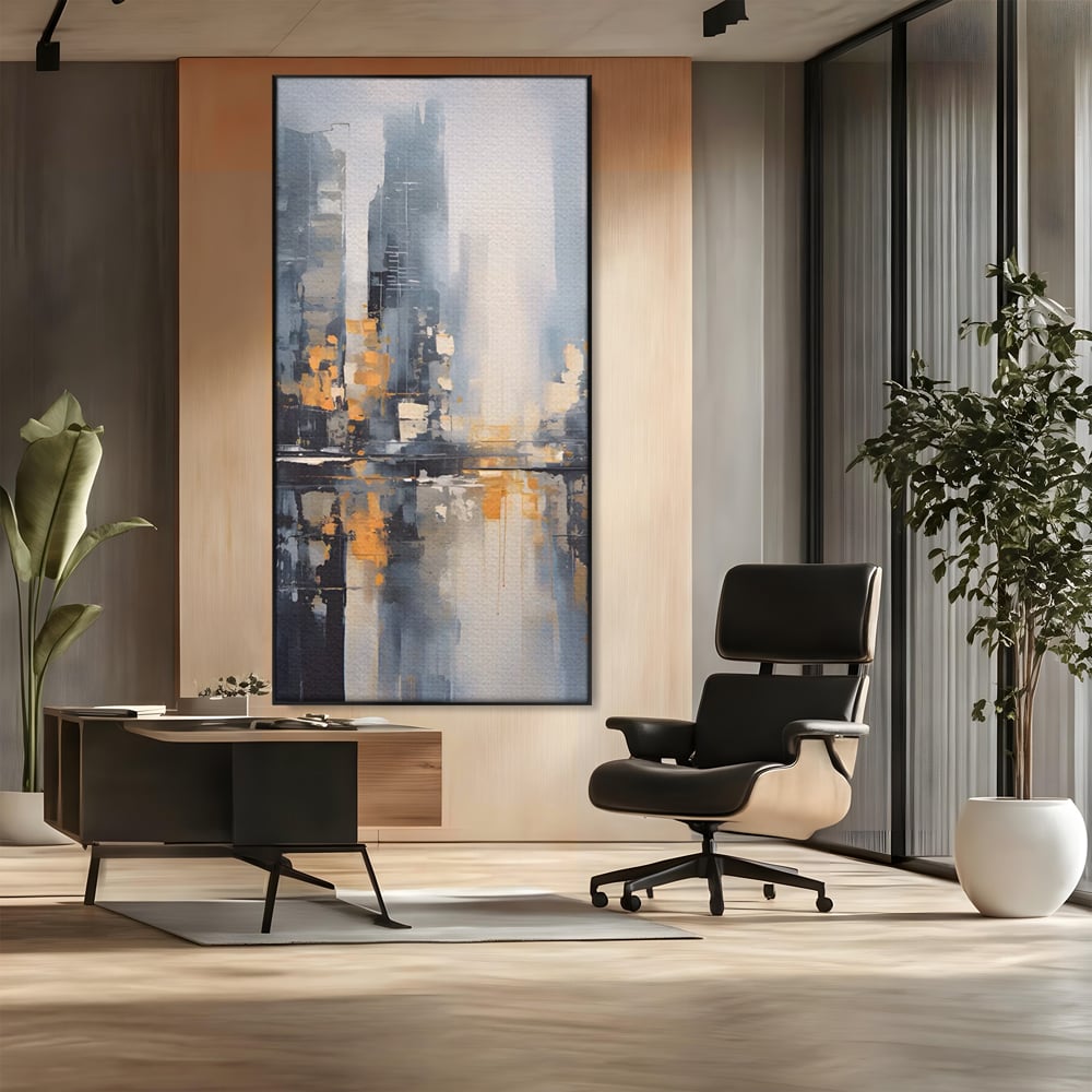 Tablou canvas cu pictura abstracta cu cladiri si reflexii, in rama de aluminiu negru, pe perete intr-un birou
